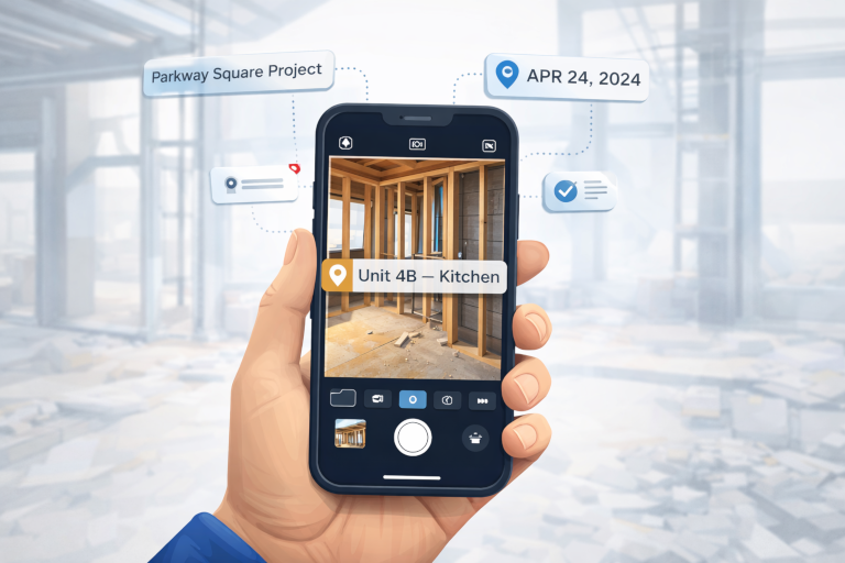 The WorkSiteCam camera capturing a job-site photo, stamped with the project, unit and date