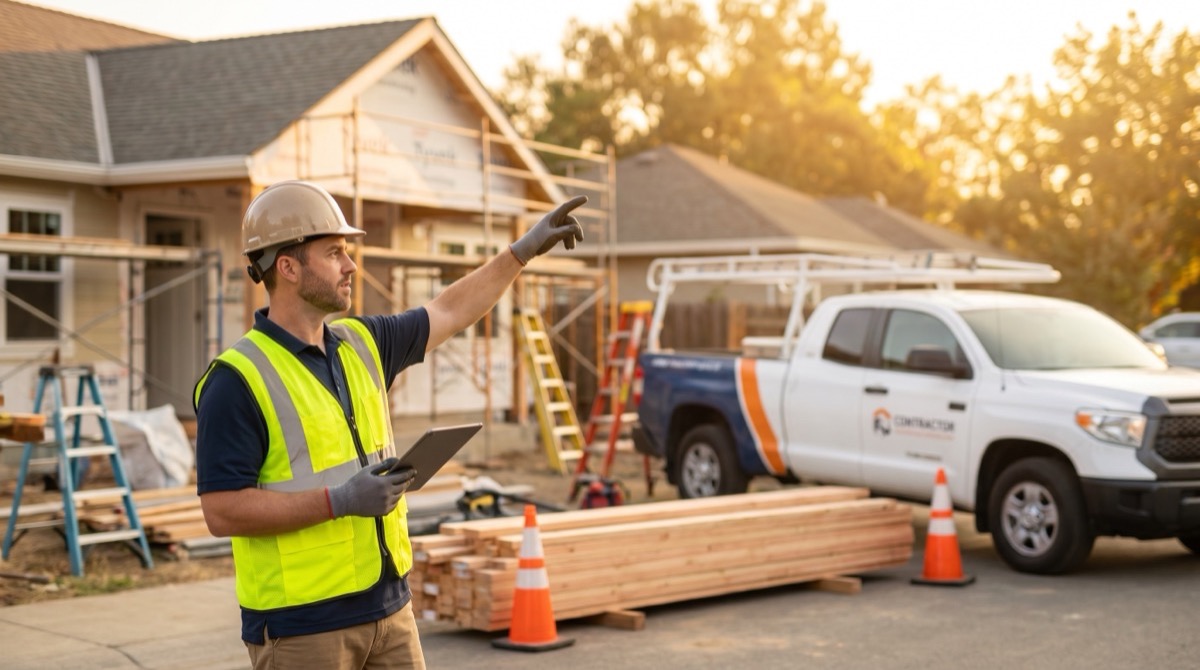 Contractor on a residential job site with a work truck